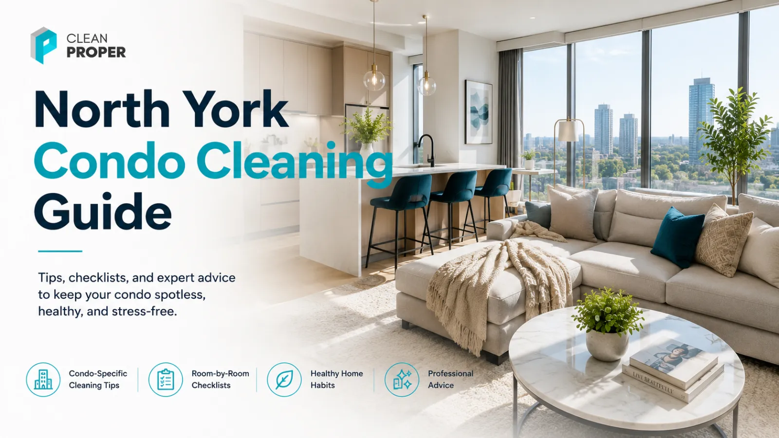 A bright, freshly cleaned high-rise condo living room near Yonge Street